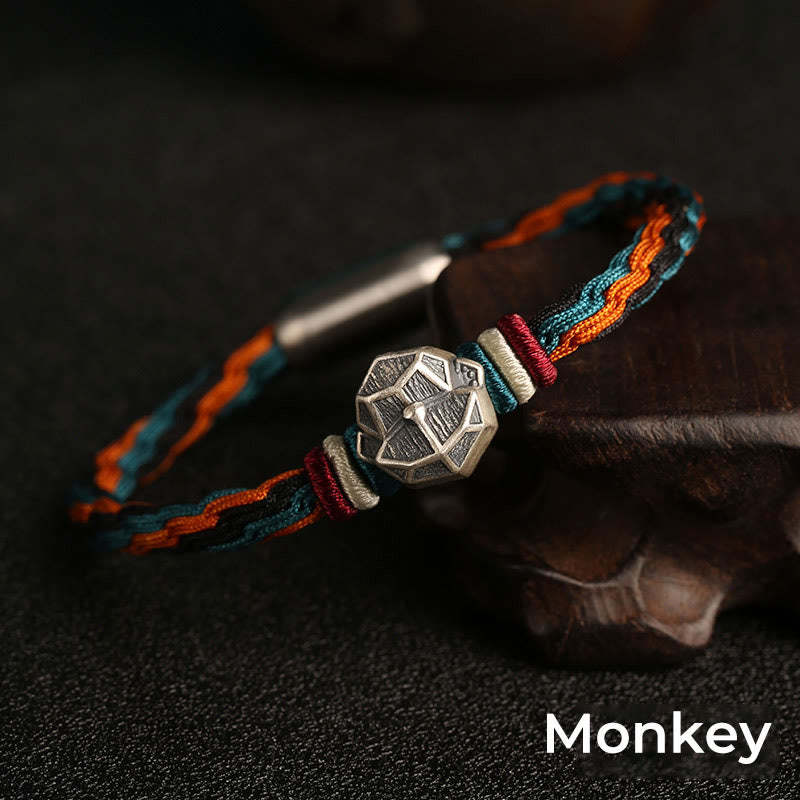 Handmade 999 Sterling Silver Year of the Dragon Chinese Zodiac Protection Colorful Reincarnation Knot Rope Bracelet