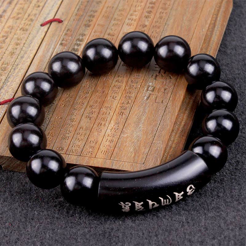 999 Sterling Silver Ebony Wood Om Mani Padme Hum Inlaid Balance Bracelet