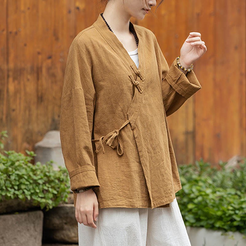 Frog-Button Hanfu Design Shirt Top Ramie Linen Jacket
