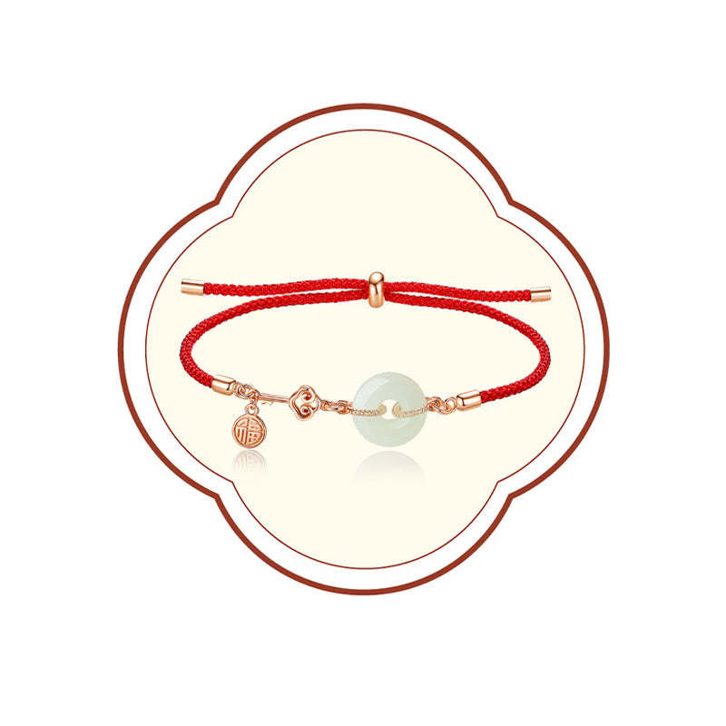 Natural Hetian Jade Peace Buckle 925 Sterling Silver Red String Fu Character Protection Luck Bracelet