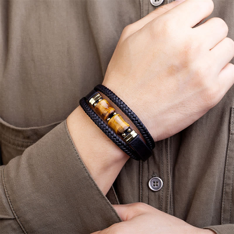 Tiger Eye Bamboo Stone Integrity Courage Multi-layer Leather Bracelet