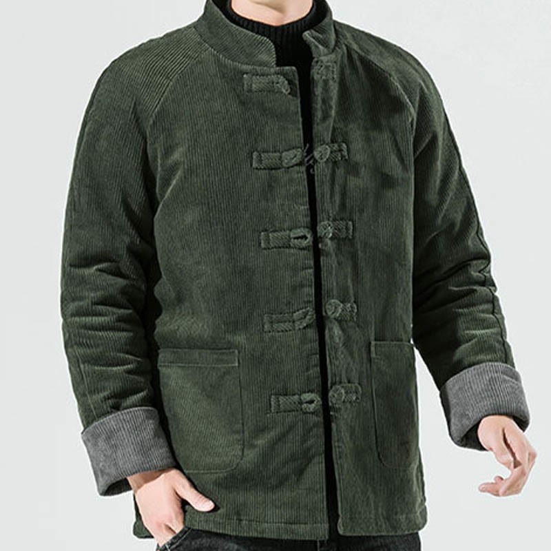 Frog-Button Chinese Tang Suit Stand Collar Long Shirt Corduroy Men Cotton Jacket Clothing