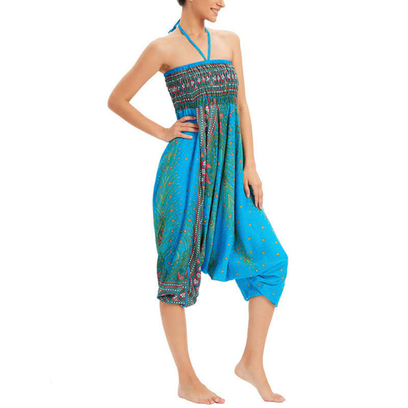 Two Style Wear Peacock Feather Loose Smocked Harem Trousers Jumpsuit High Waist Pants