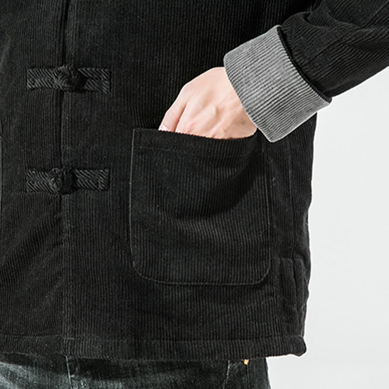 Frog-Button Chinese Tang Suit Stand Collar Long Shirt Corduroy Men Cotton Jacket Clothing