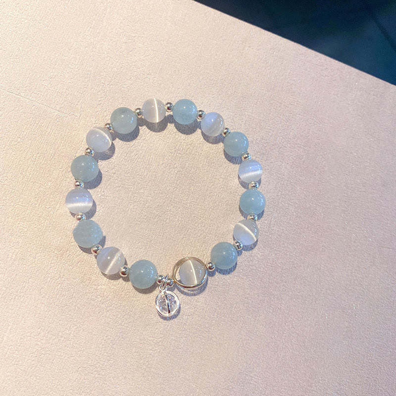 925 Sterling Silver Cat's Eye Aquamarine Support Charm Bracelet