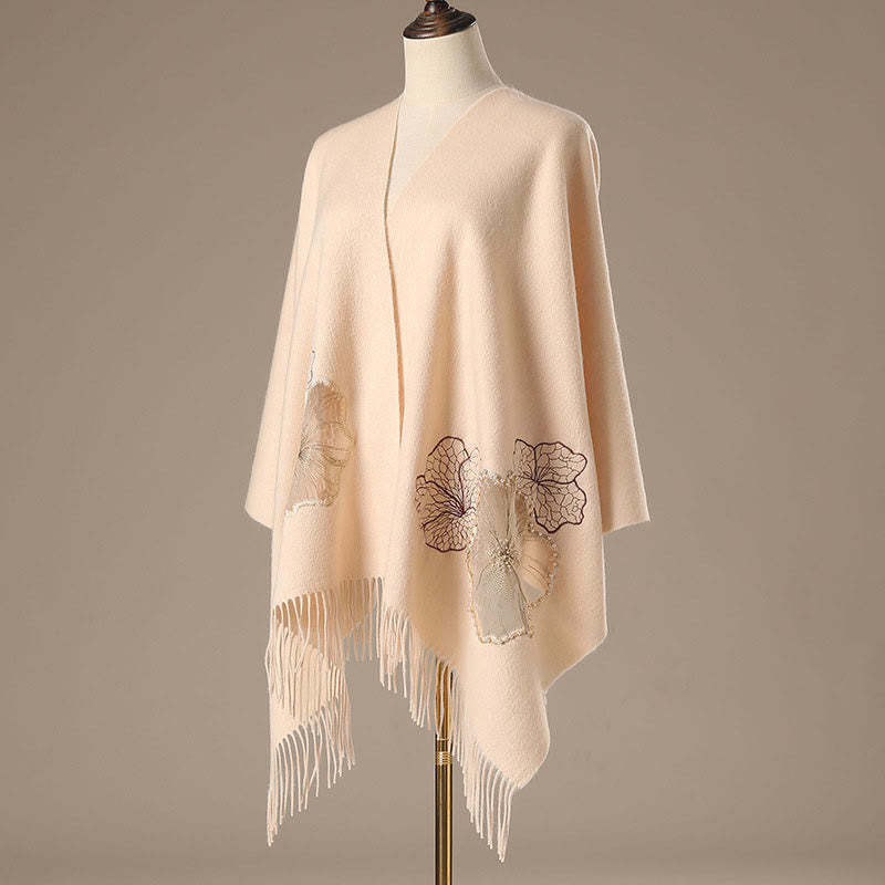 Wool Shawl Lotus Leaf Embroidery Tassel Winter Cozy Travel Scarf Wrap