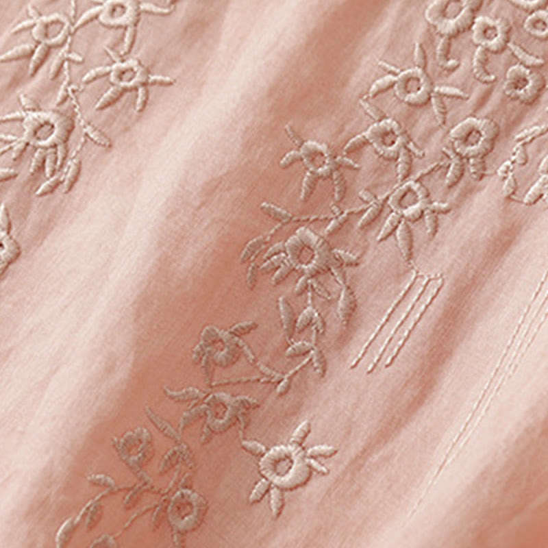 Casual Women's Embroidered Flower V-neck Design Loose Half Sleeve Cotton Linen Shirt