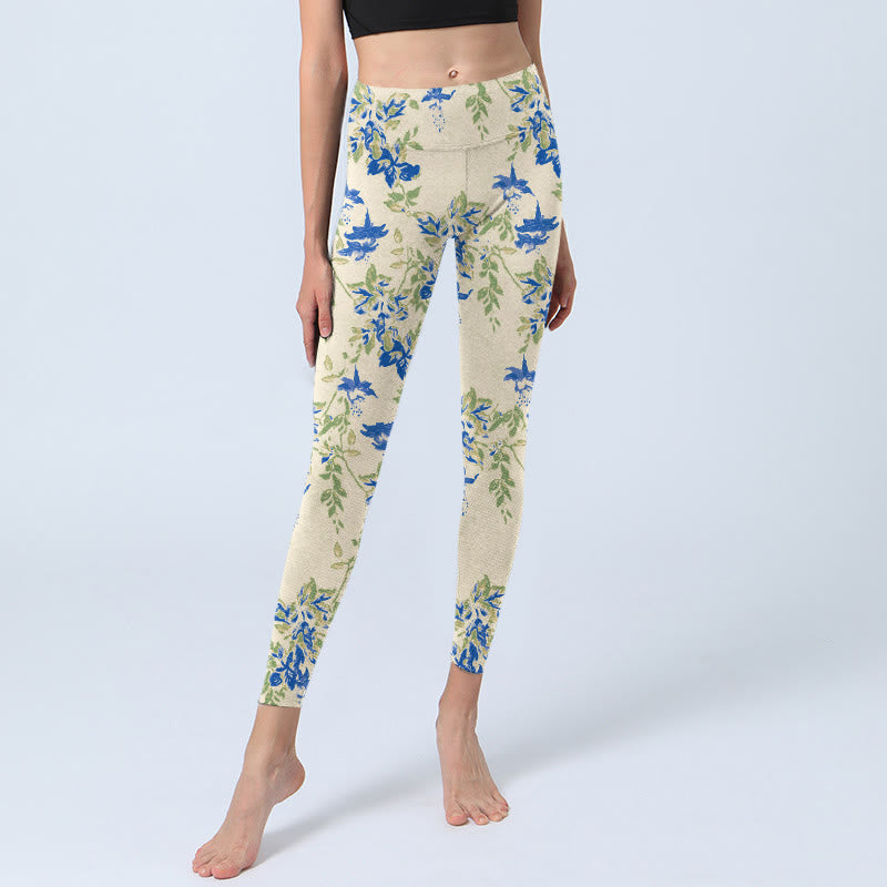 Casual Dark Blue Flower Leaves Print Gym Fitness Leggings Women's Yoga Pants