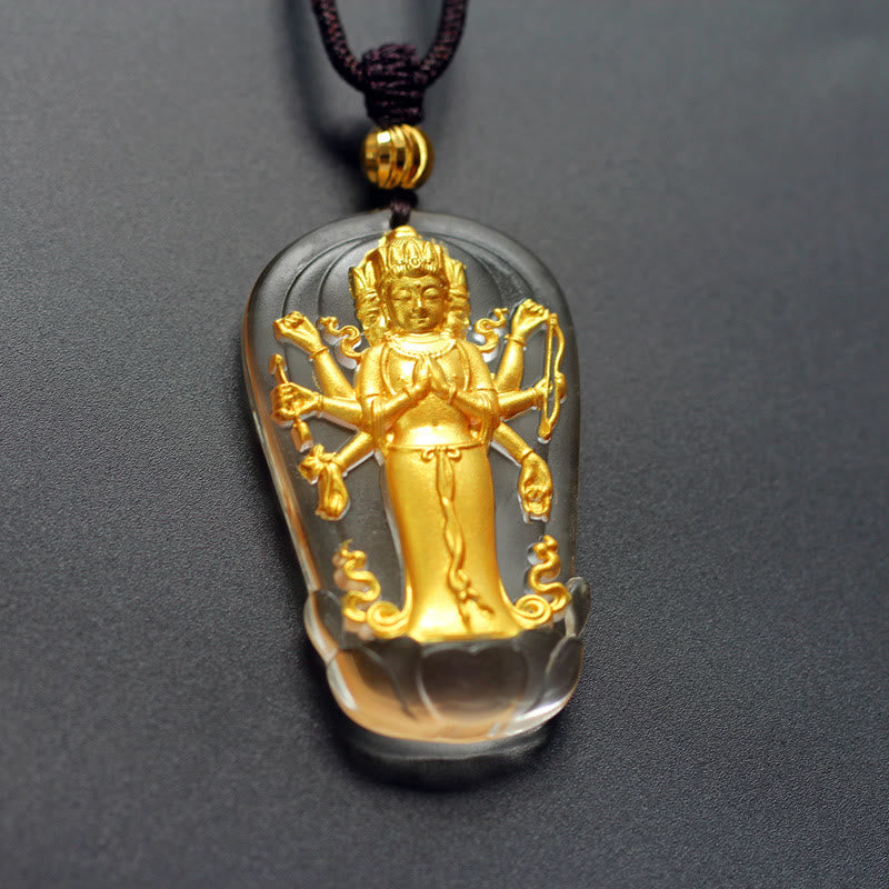 Tibetan Eight-armed Avalokitesvara Guanyin mystic zen Gold Plated Liuli Crystal Wealth Necklace Pendant