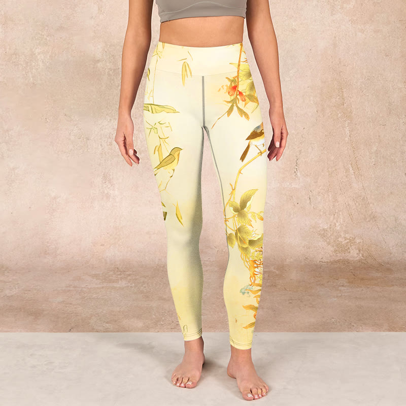 Light Yellow Peony Flowers Birds Print Sports Leggings Women's Yoga Pants