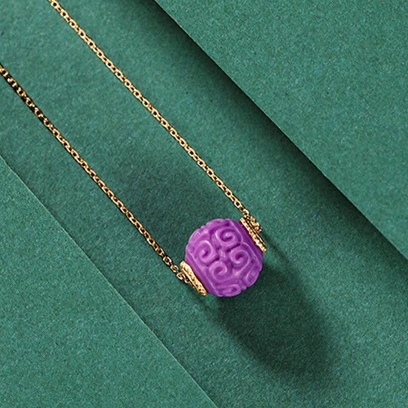 925 Sterling Silver Plated Gold Natural Purple Mica Stone Relief Bead Positive Necklace Pendant Bracelet Set