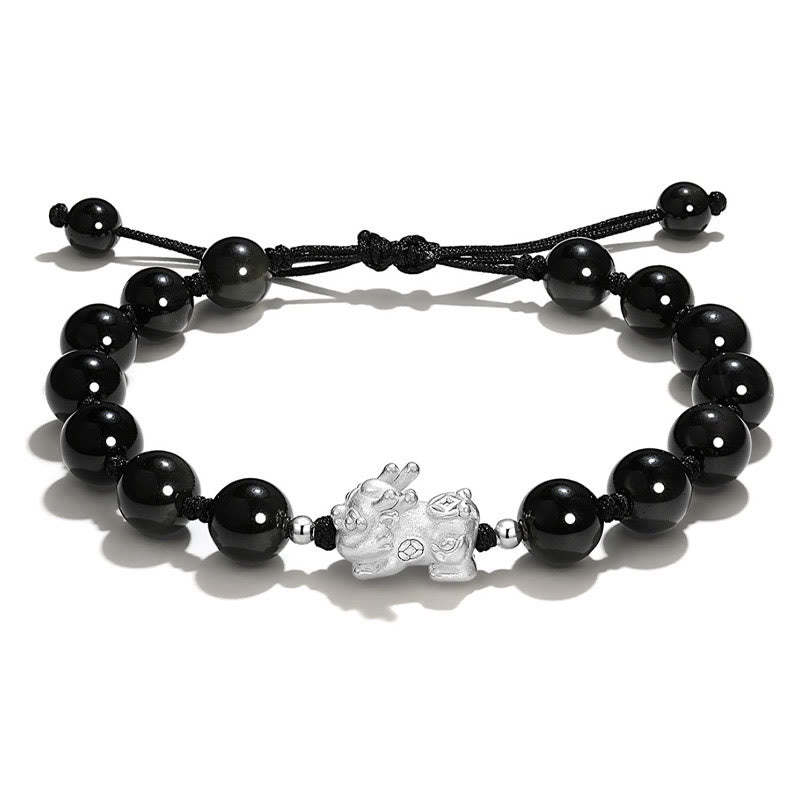 Natural Black Obsidian Cat's Eye Pink Crystal PiXiu Strength Bracelet
