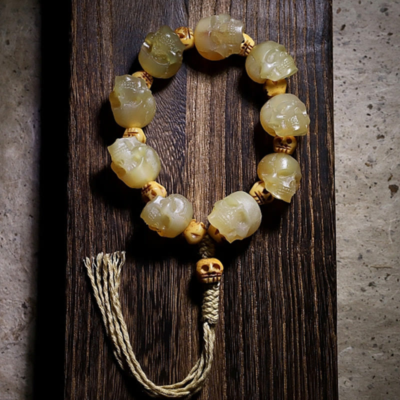 Handmade Tibetan Sheep Horn Skull The Lord of the Corpse Forest Yak Bone Engraved Luck Bracelet