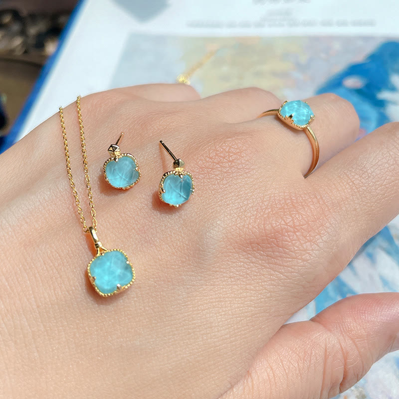925 Sterling Silver Plated Gold Turquoise Protection Ring Earrings Necklace Pendant Set
