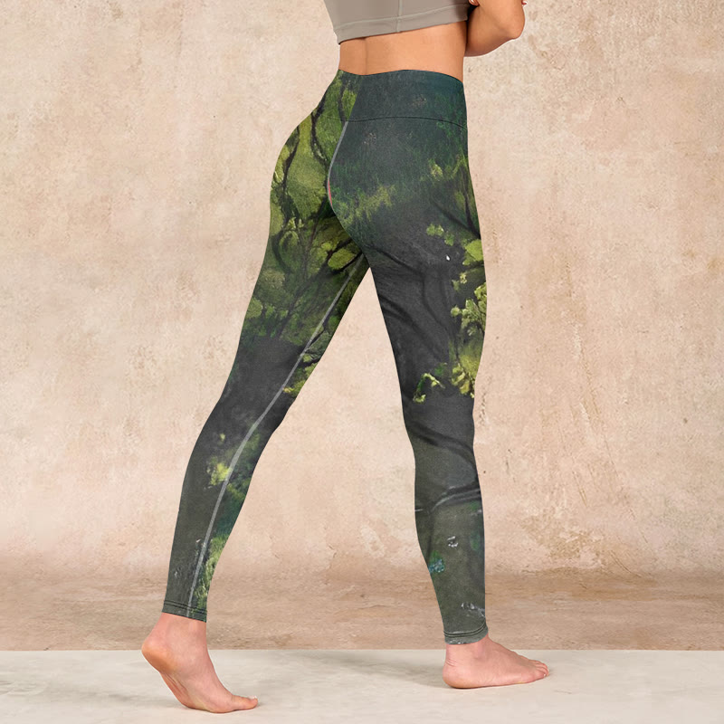 ForestGreen Leaves Black Lines Print Exercise Leggings Women's Yoga Pants