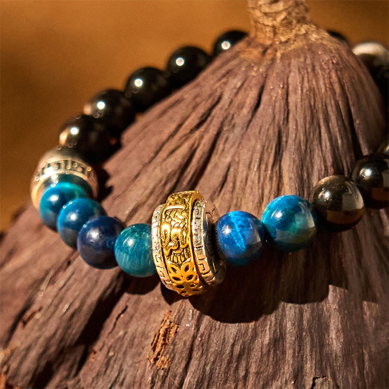 Silver Sheen Obsidian Blue Tiger Eye Om Mani Padme Hum Protection Bracelet