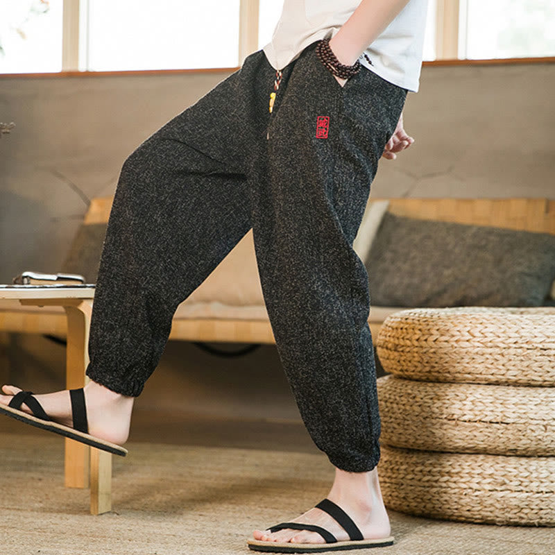 Plain Drawstring Cotton Men's Harem Pants With Pockets