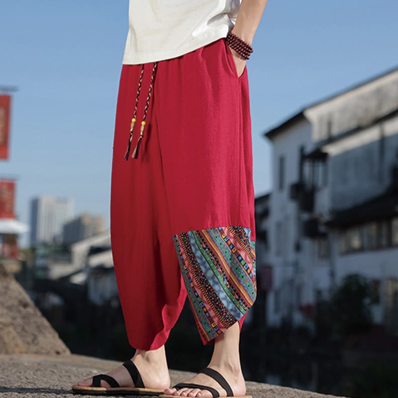 Bohemian Patchwork Pattern Cotton Drawstring Men's Wide Leg Pants With Pockets