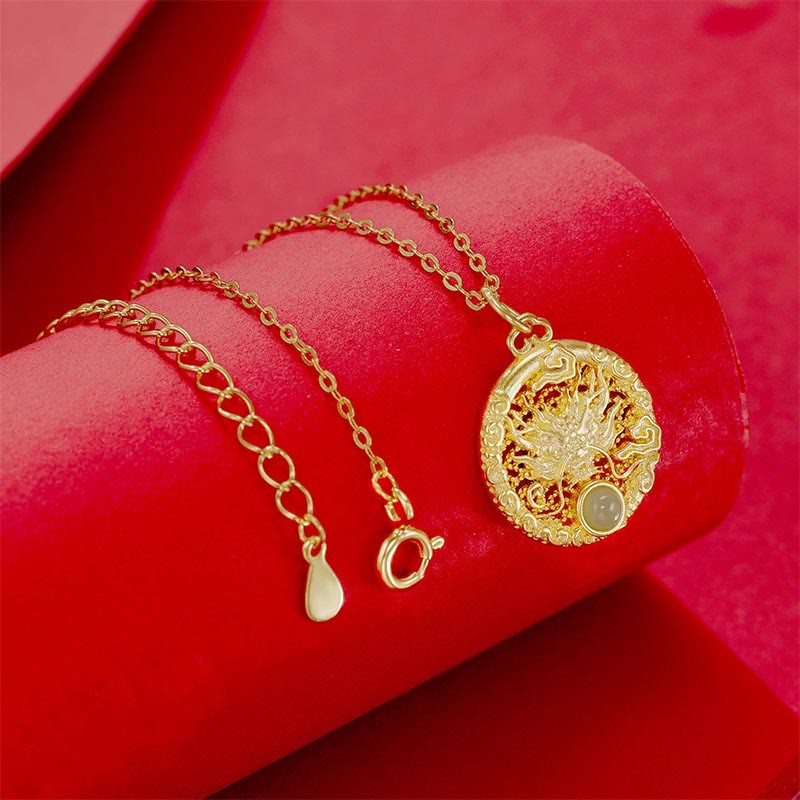 925 Sterling Silver Year Of The Dragon Round Natural Hetian Jade Inlaid Strength Necklace Pendant (Extra 30% Off | USE CODE: FS30)