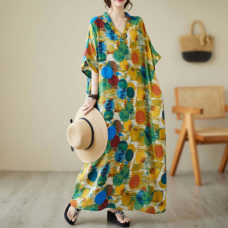 Orange Blue Colorful Polka Dots Midi Dress Cotton Half Sleeve Dress With Pockets