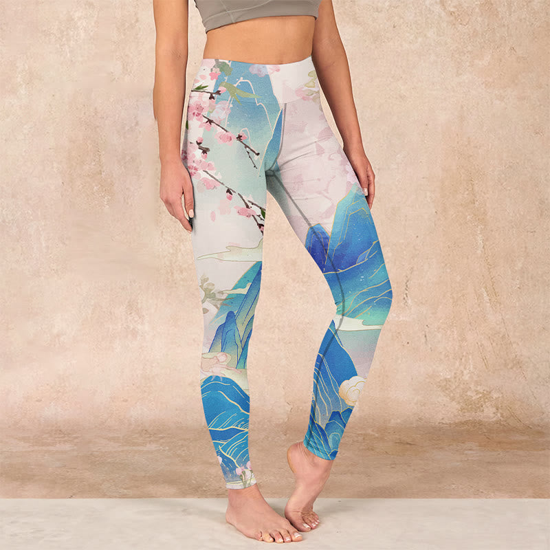 Plum Blossoms Mountains Print Gym Leggings Women's Yoga Pants
