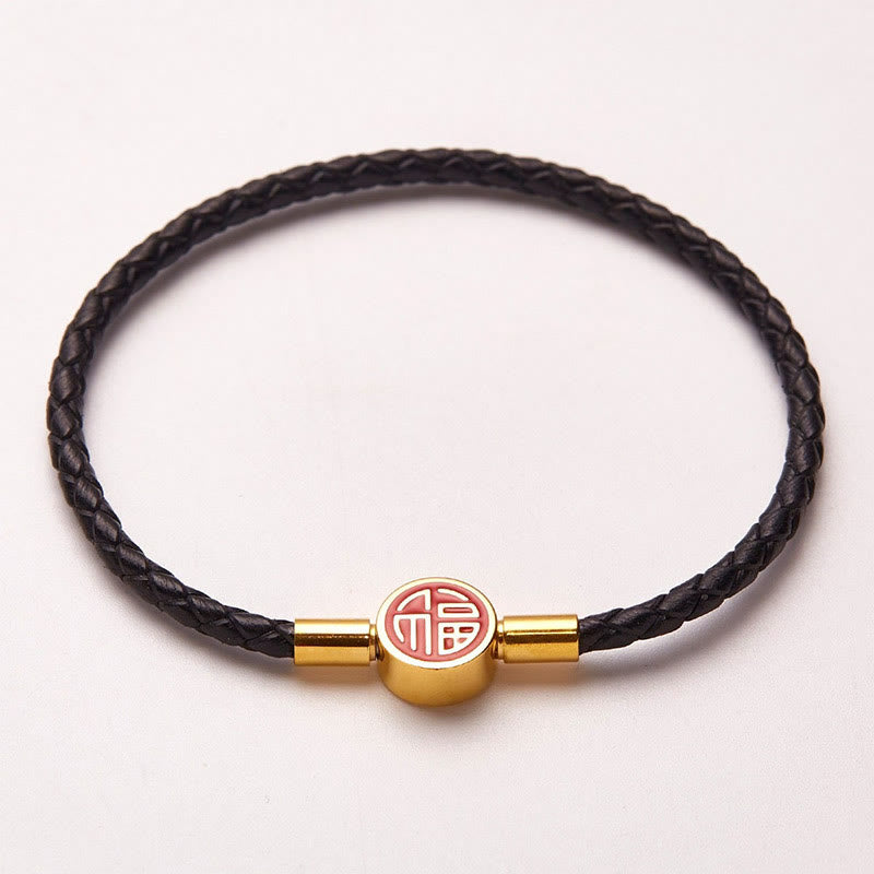 Fu Character Blessing Fortune Leather Buckle Bracelet