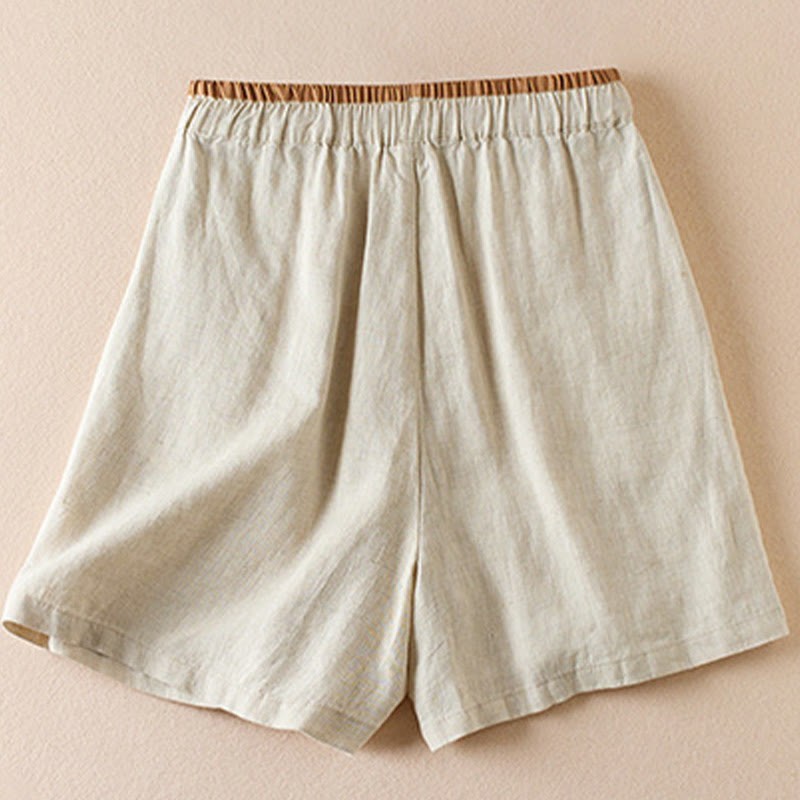 Wild Simple Design Embroidery Drawstring Cotton Linen Women's Shorts With Pockets