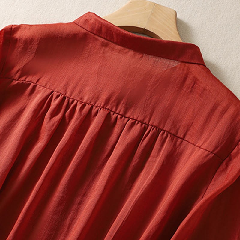 Summer Plain Button Embroidery Flower Pattern Three Quarter Sleeve Lapel Cotton Linen Women's Shirt