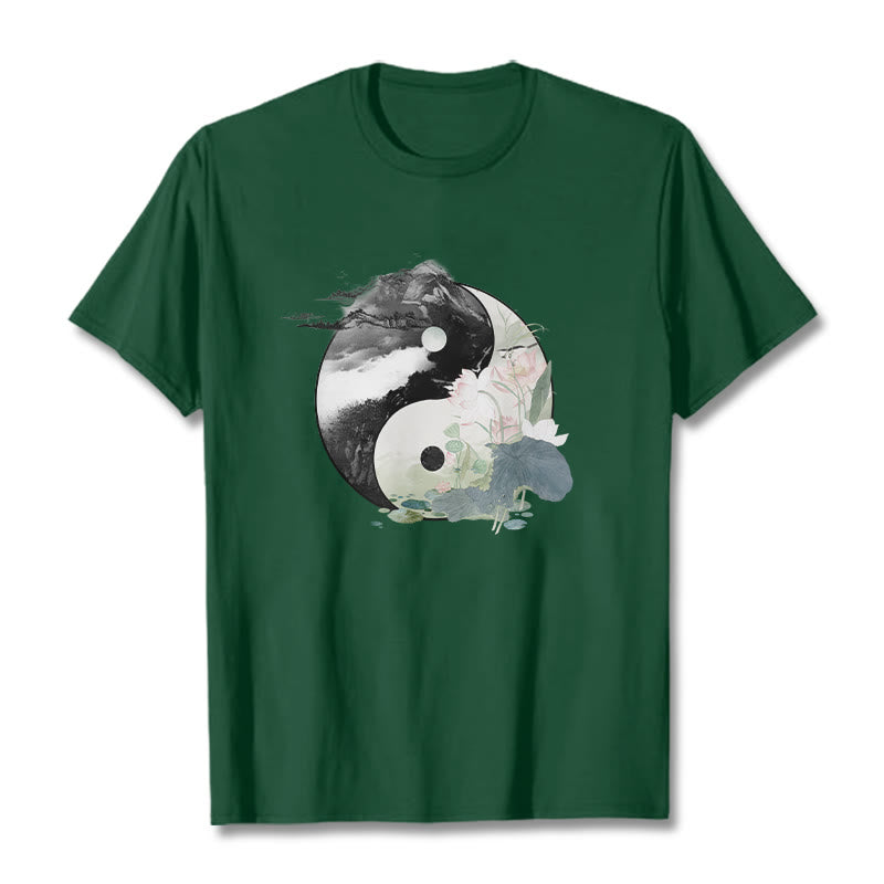 Yin Yang Lotus Leaf Ink Painting Cotton Tee T-shirt