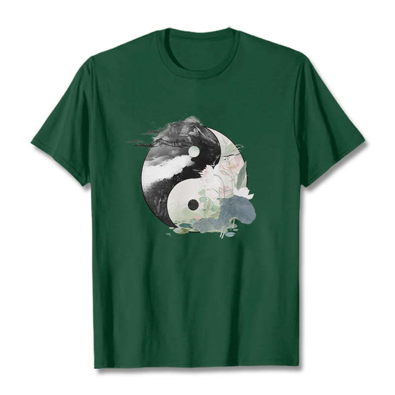 Yin Yang Lotus Leaf Ink Painting Cotton Tee T-shirt
