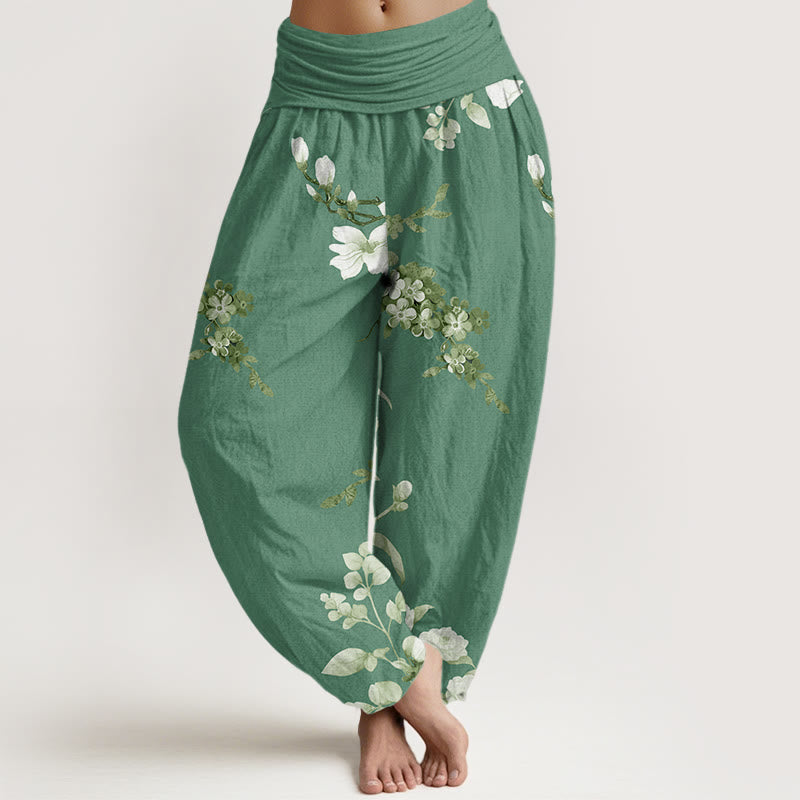 Blooming And Budding Flowers With Leaves Pattern Women's Elastic Waist Harem Pants