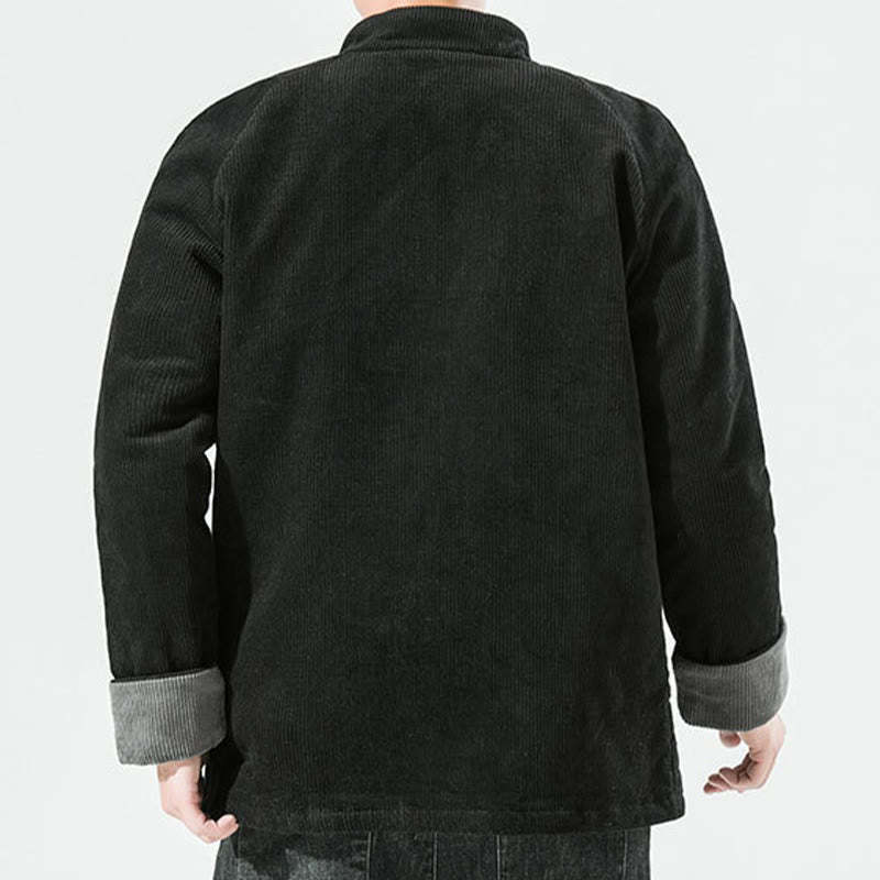 Frog-Button Chinese Tang Suit Stand Collar Long Shirt Corduroy Men Cotton Jacket Clothing