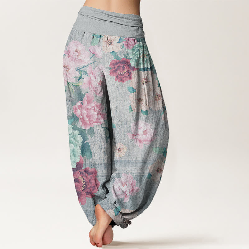 Casual Peony Flower Women's Elastic Waist Harem Pants