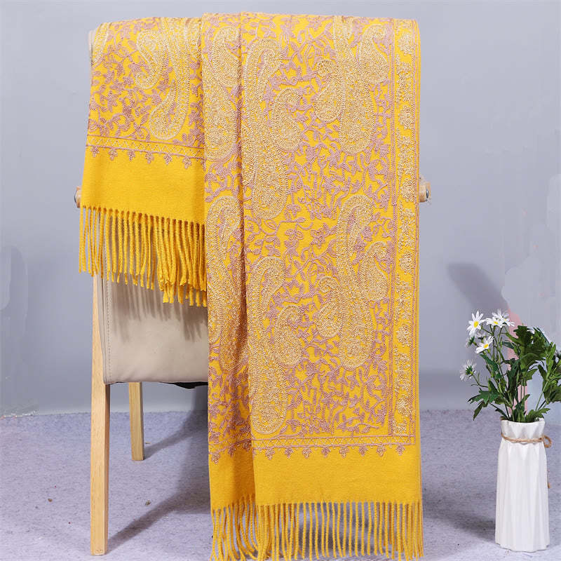Rayon Fabric Shawl Golden Cashew Flowers Embroidery Tassel Winter Cozy Travel Scarf Wrap
