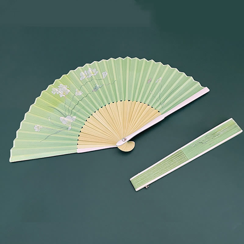 Orchid Begonia Flower Handheld Cotton Linen Fabric Bamboo Folding Fan
