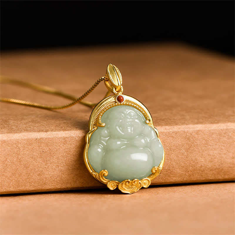 925 Sterling Silver Laughing mystic zen Natural Hetian Jade Luck Prosperity Necklace Pendant