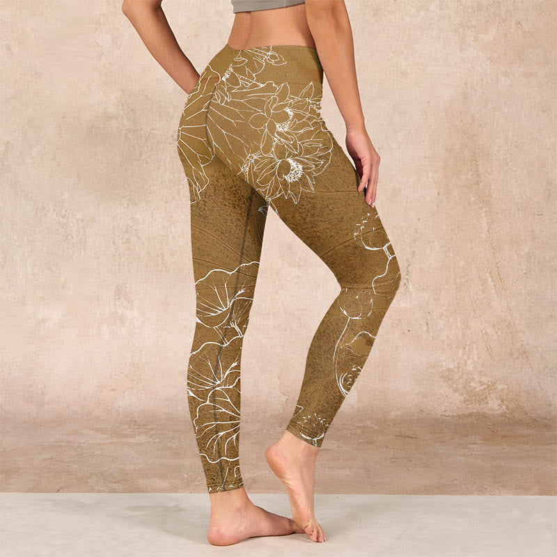 Goldenrod Lotus Flowers Leaves Print Gym Fitness Leggings Women's Yoga Pants