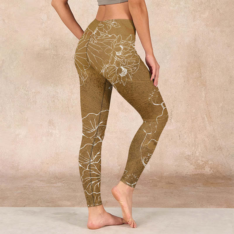 Goldenrod Lotus Flowers Leaves Print Gym Fitness Leggings Women's Yoga Pants