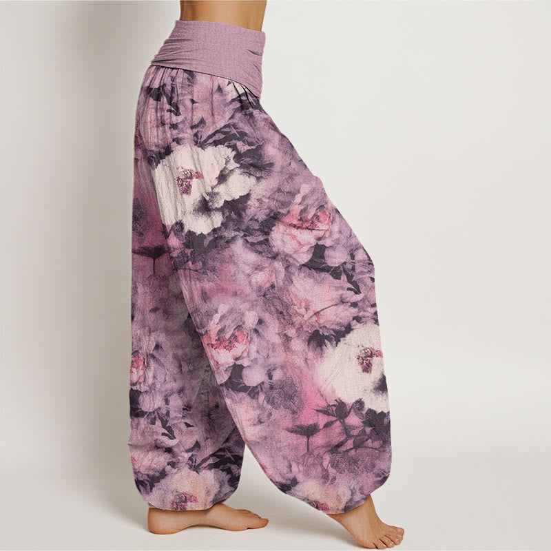 Casual Elegant Peony Flowers Women's Elastic Waist Harem Pants