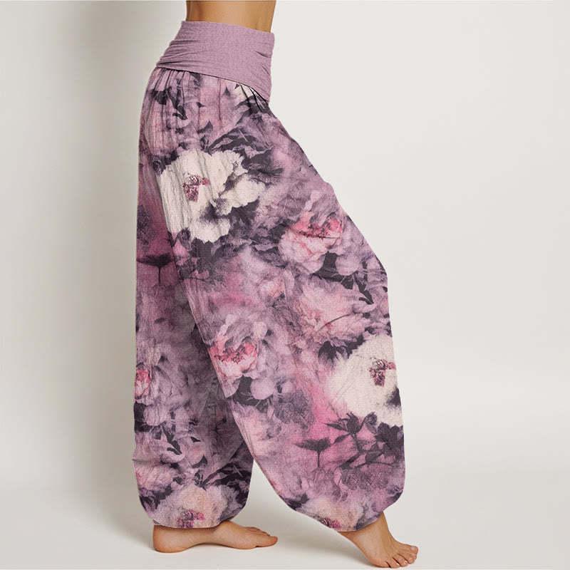 Casual Elegant Peony Flowers Women's Elastic Waist Harem Pants
