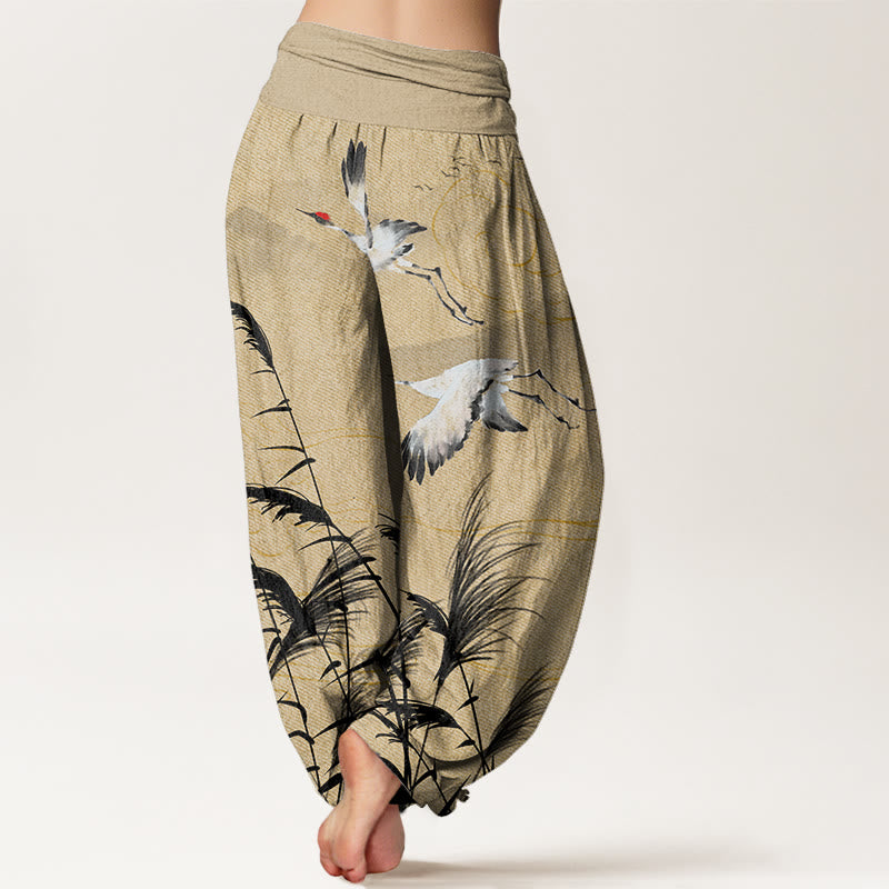 Flying Crane Auspicious Clouds Wild Grasses Mountain Pattern Women's Elastic Waist Harem Pants