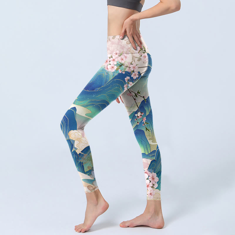 Plum Blossoms Mountains Print Gym Leggings Women's Yoga Pants