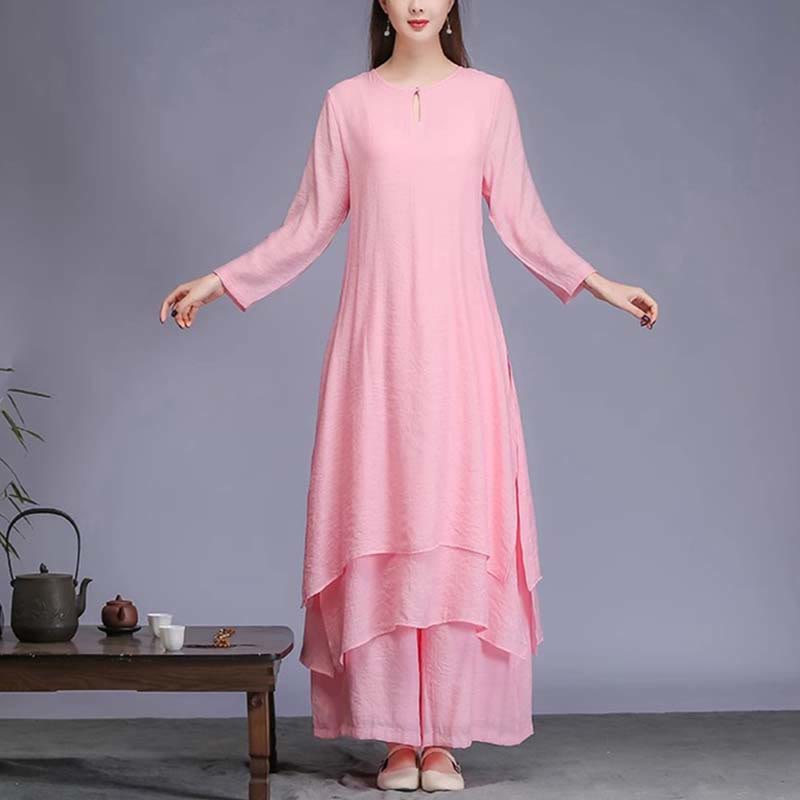 2Pcs Solid Color Midi Dress Wide Leg Pants Meditation Spiritual Zen Practice Yoga Dance Clothing
