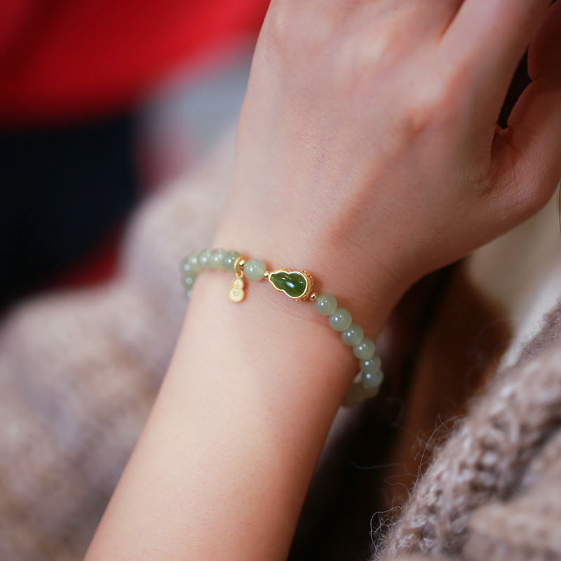 925 Sterling Silver Plated Gold Natural Hetian Jade Bead Gourd Lotus Bamboo Fu Character Luck Bracelet