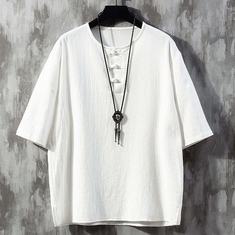 Frog-Button Plain Color Chinese Tang Suit Half Sleeve Shirt Linen Men Clothing
