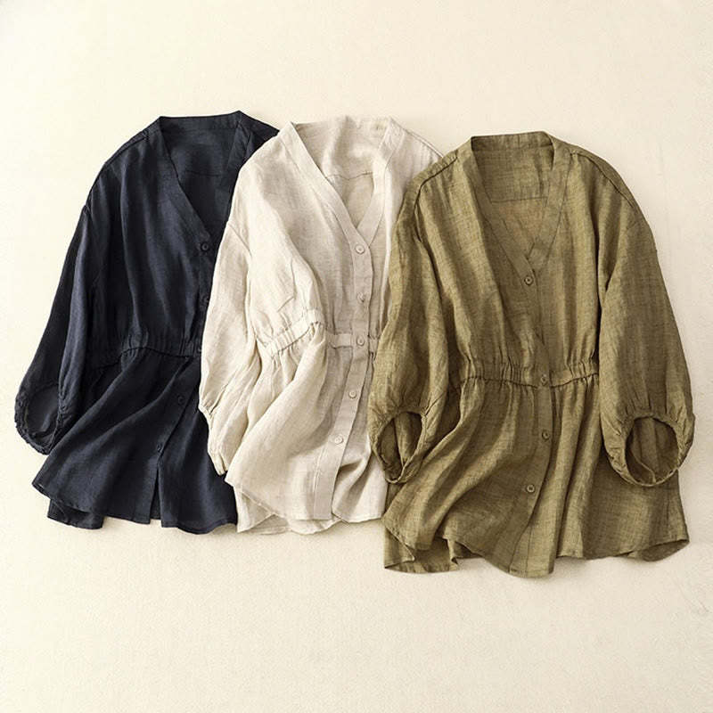 Spring Plain Button Half Puff Sleeve Waisted V-Neck Cotton Linen Women's Shirt