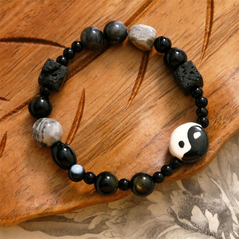 Black Onyx Picasso Jasper Bead Yin Yang Fortune Protection Bracelet