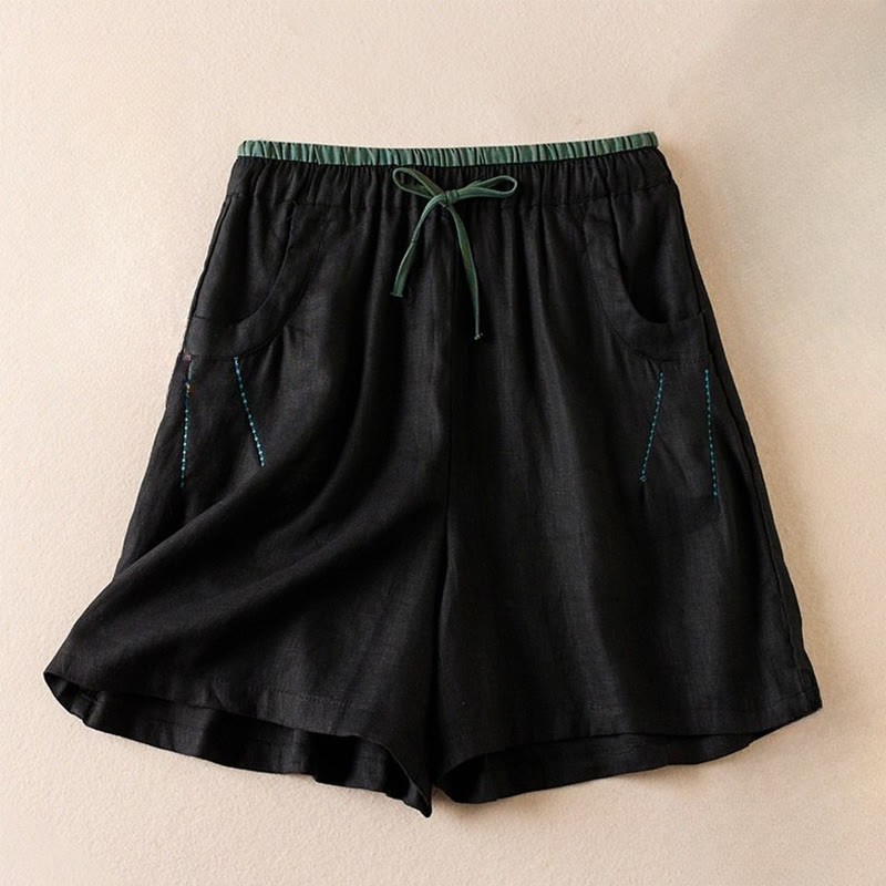 Wild Simple Design Embroidery Drawstring Cotton Linen Women's Shorts With Pockets