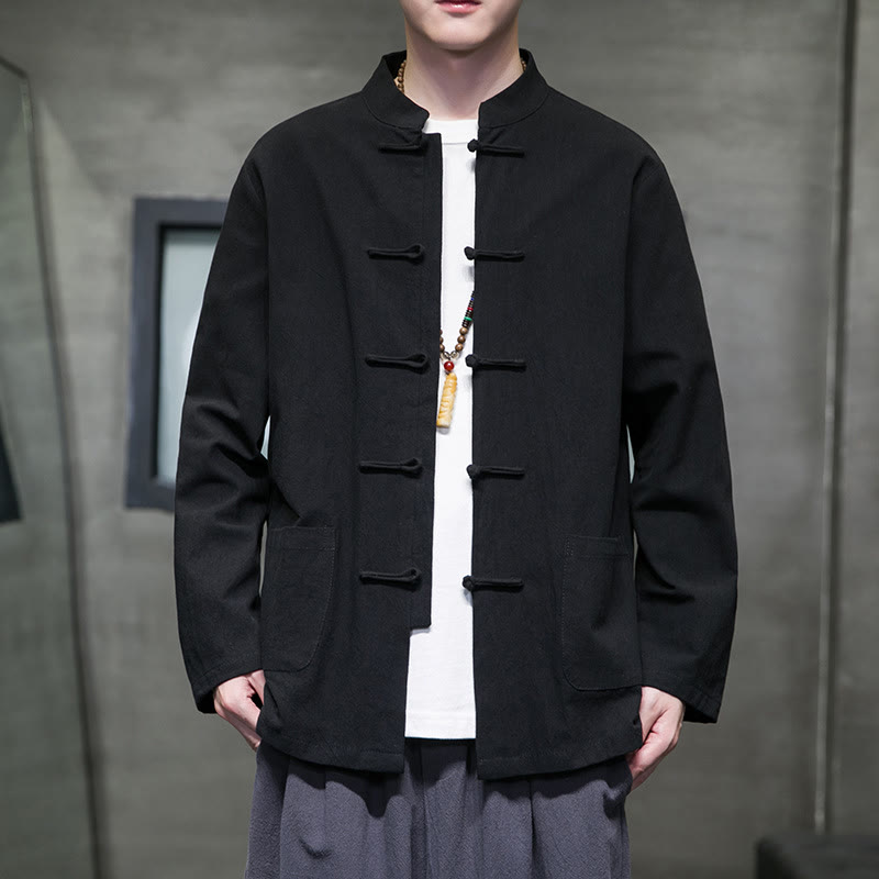 Solid Color Frog-button Tang Suit Cotton Linen Men's Jacket Shirt With Pockets