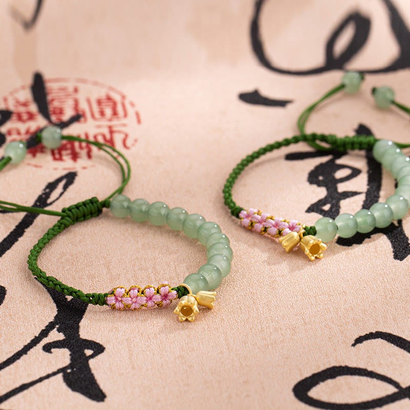 Handmade Jade Bead Lily of the Valley Charm Luck Braided Bracelet